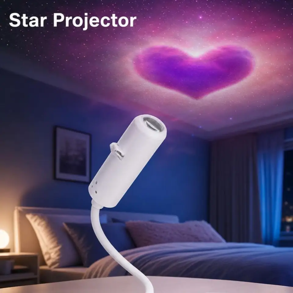 12-in-1 USB starry night light with multiple projection discs. Creates beautiful galaxy, planet, heart, and aurora effects on ceilings. Flexible design perfect for bedrooms and kids’ rooms.